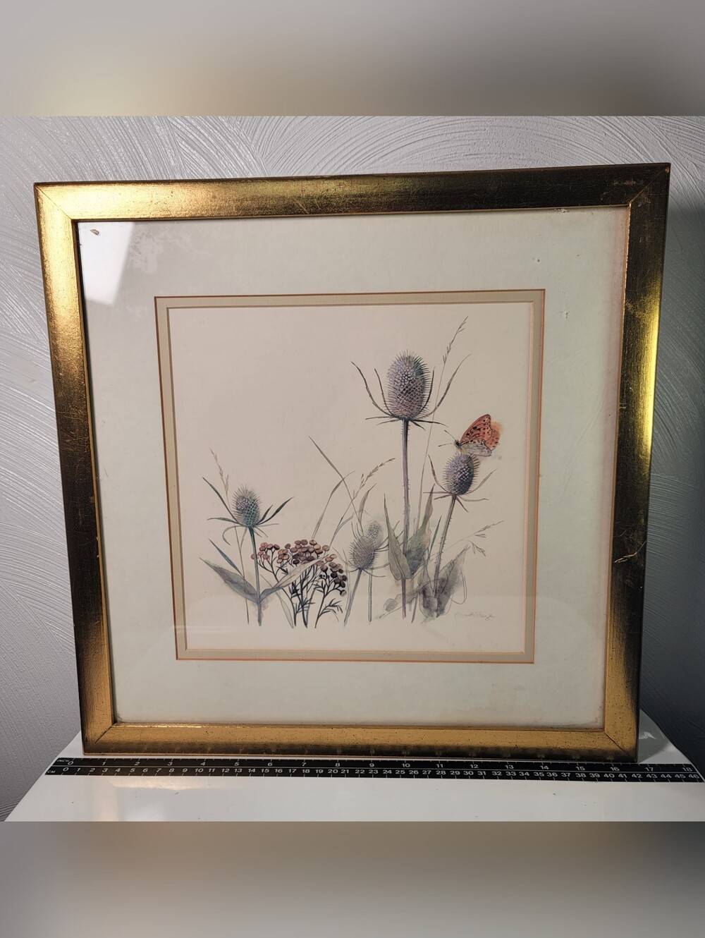 Vintage. Mads Stage "Thistle & Butterfly" Lithograph Print Watercolor And Ink.